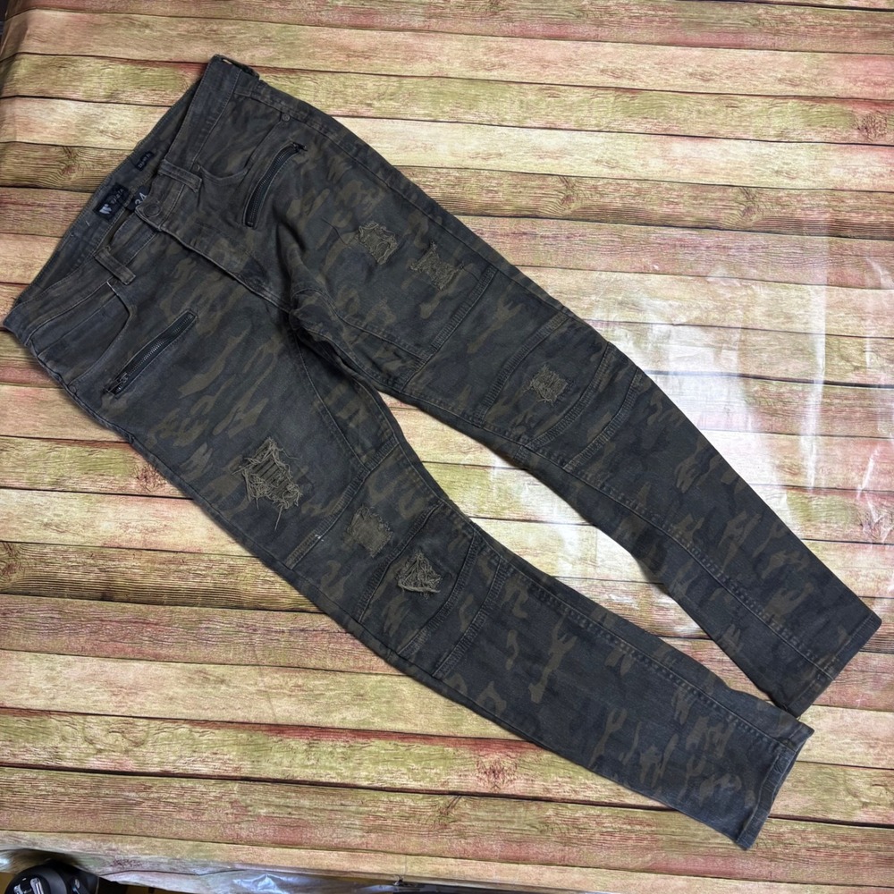 Waimea Mens Skinny Fit Camo Moto Jeans Distressed Skater Punk 34x32